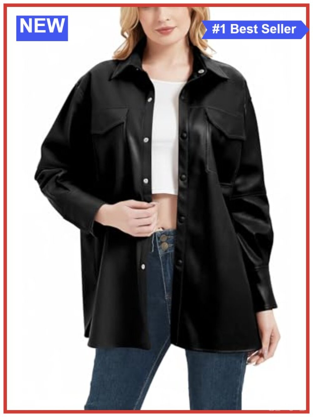 Faux Leather Shacket Button Down Relaxed Fit Vegan Jacket